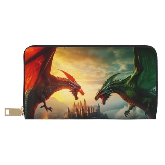 Leather Thin Slim Wallets for Women Men - Castle Red Green Sky Dragon Clutch Card Wallet for Women Men with Zipper