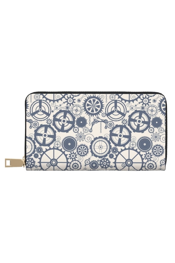 Leather Thin Slim Wallets for Women Men - Casual gear Pattern Clutch Card Wallet for Women Men with Zipper