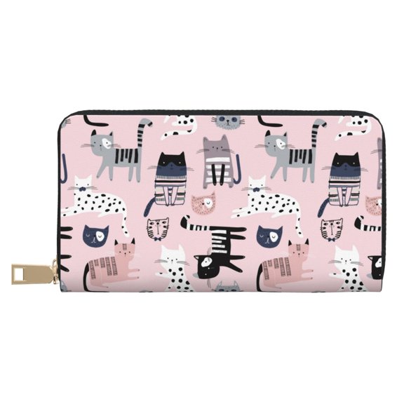 Leather Thin Slim Wallets for Women Men - Cat print Clutch Card Wallet for Women Men with Zipper
