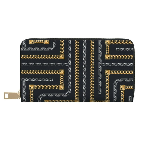 Leather Thin Slim Wallets for Women Men - Chain Maze Pattern Clutch Card Wallet for Women Men with Zipper