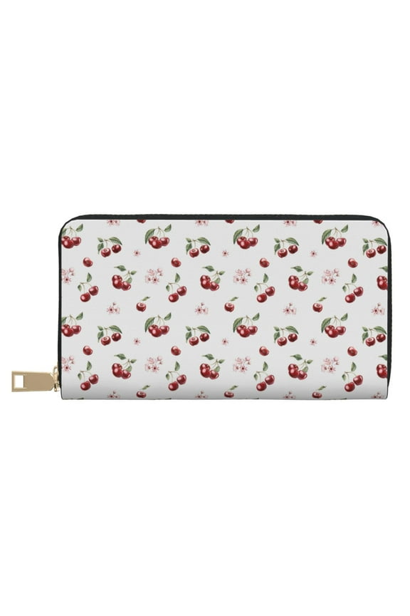 Leather Thin Slim Wallets for Women Men - Cherry Berries Clutch Card Wallet for Women Men with Zipper
