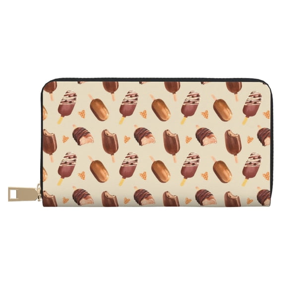 Leather Thin Slim Wallets for Women Men - Chocolate Print No.J912 Clutch Card Wallet for Women Men with Zipper