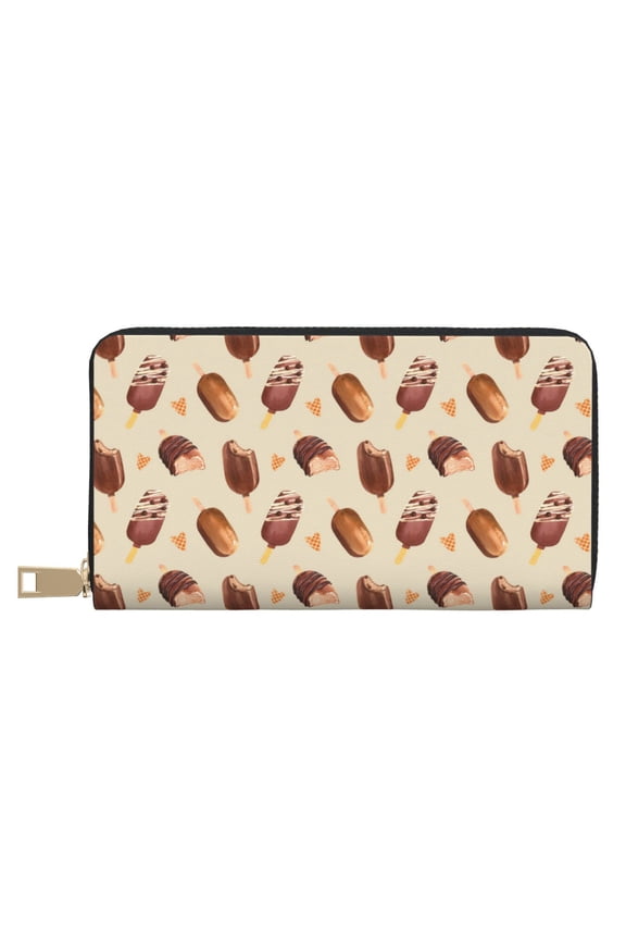 Leather Thin Slim Wallets for Women Men - Chocolate Print No.J912 Clutch Card Wallet for Women Men with Zipper