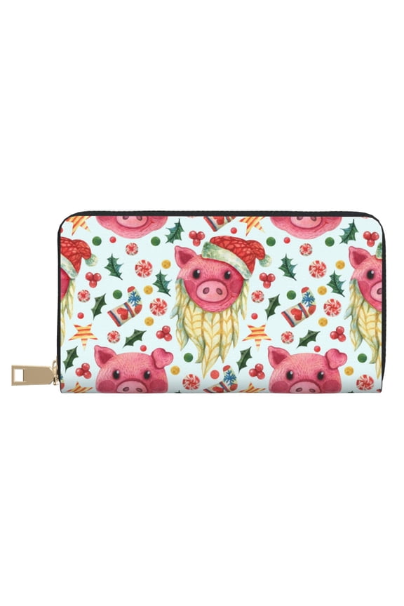 Leather Thin Slim Wallets for Women Men - Christmas Cute Pigs Clutch Card Wallet for Women Men with Zipper