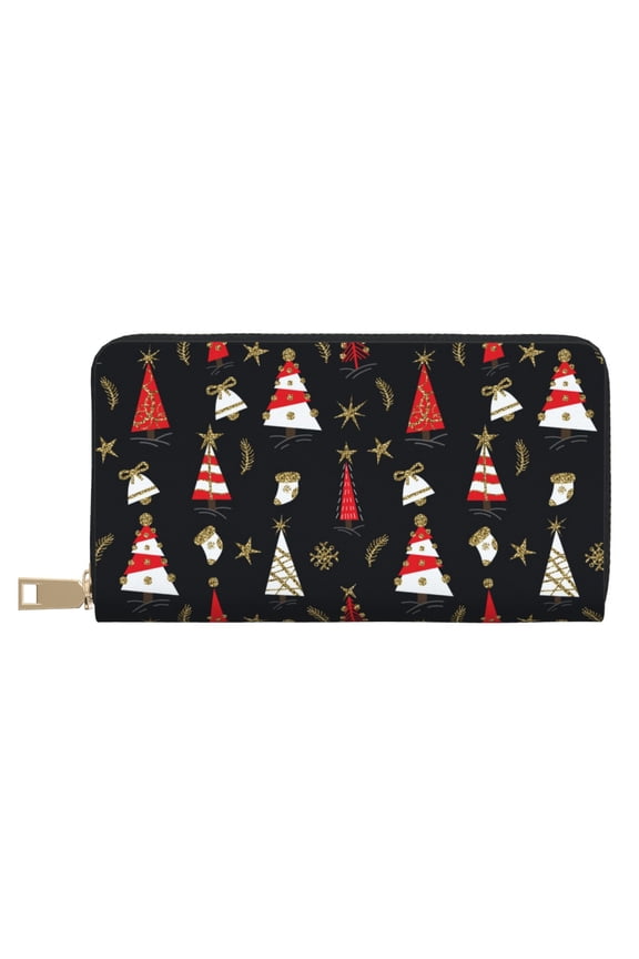 Leather Thin Slim Wallets for Women Men - Christmas Tree and Gold Socks Clutch Card Wallet for Women Men with Zipper
