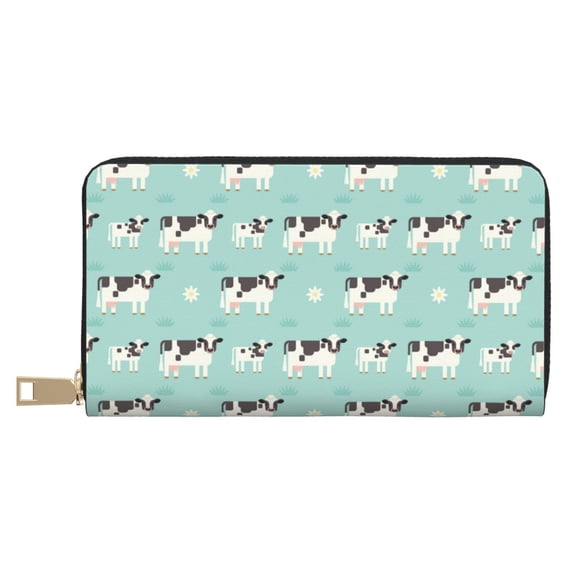 Leather Thin Slim Wallets for Women Men - Classic Cute Cartoon Cow Green Clutch Card Wallet for Women Men with Zipper