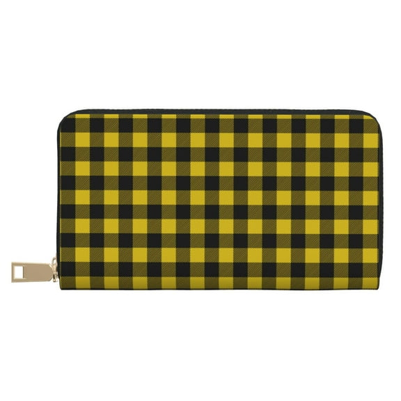 Leather Thin Slim Wallets for Women Men - Classic Yellow Buffalo Plaid Clutch Card Wallet for Women Men with Zipper