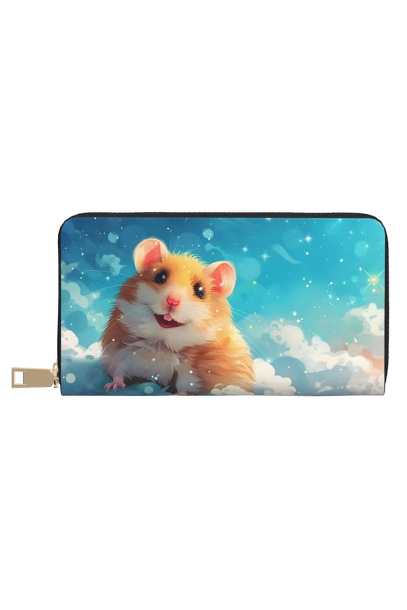 Leather Thin Slim Wallets for Women Men - Cloud Cute Hamster Clutch Card Wallet for Women Men with Zipper