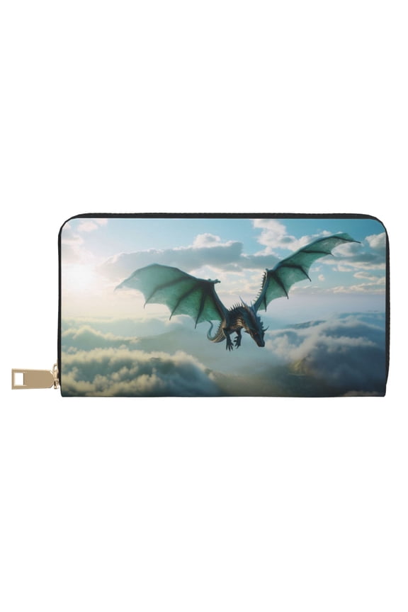 Leather Thin Slim Wallets for Women Men - Cloud Sky Green Dragon Clutch Card Wallet for Women Men with Zipper