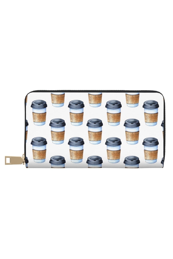 Leather Thin Slim Wallets for Women Men - Coffee To Go Pattern Clutch Card Wallet for Women Men with Zipper