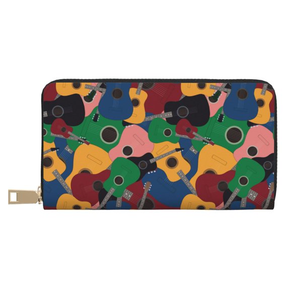 Leather Thin Slim Wallets for Women Men - Colored Guitars Clutch Card Wallet for Women Men with Zipper