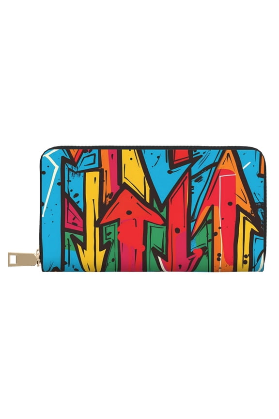 Leather Thin Slim Wallets for Women Men - Colorful Arrow Graffiti Pattern Clutch Card Wallet for Women Men with Zipper