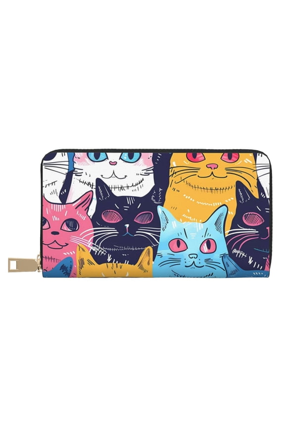 Leather Thin Slim Wallets for Women Men - Colorful Cats Pattern Art Clutch Card Wallet for Women Men with Zipper