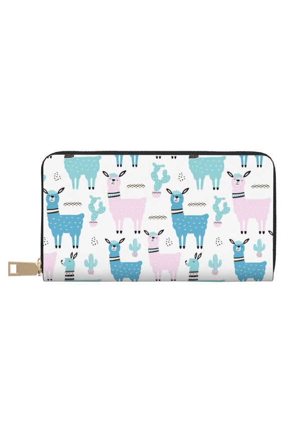 Leather Thin Slim Wallets for Women Men - Colorful Cute Alpaca Cactus Clutch Card Wallet for Women Men with Zipper