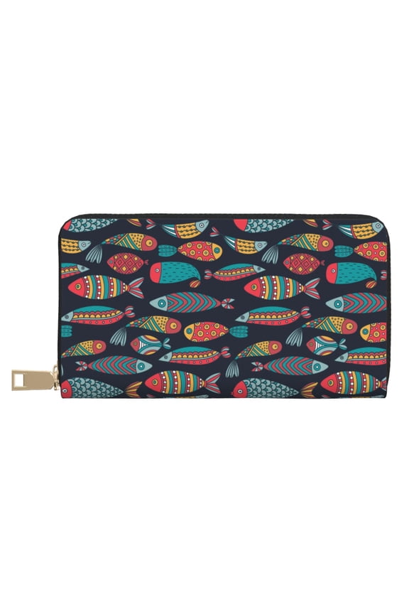 Leather Thin Slim Wallets for Women Men - Colorful Fish Clutch Card Wallet for Women Men with Zipper