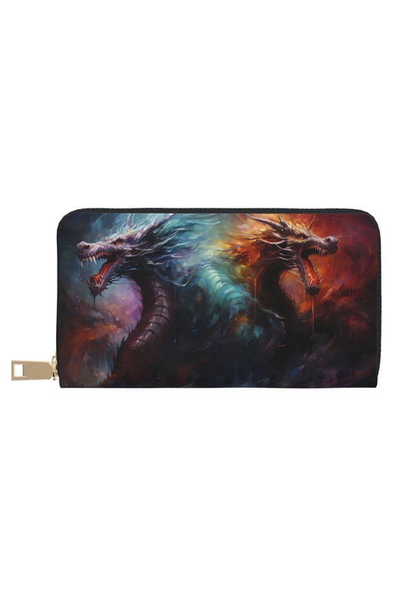 Leather Thin Slim Wallets for Women Men - Colorful Ink Style Dragon Clutch Card Wallet for Women Men with Zipper