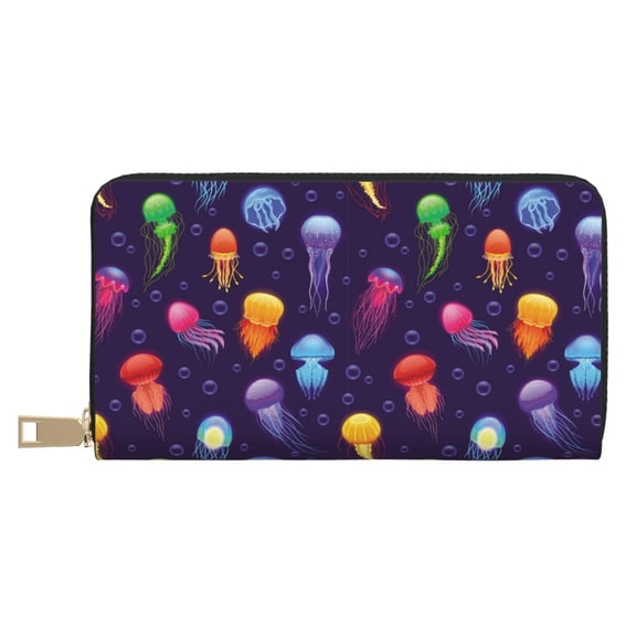 Leather Thin Slim Wallets for Women Men - Colorful Light Jellyfish Clutch Card Wallet for Women Men with Zipper