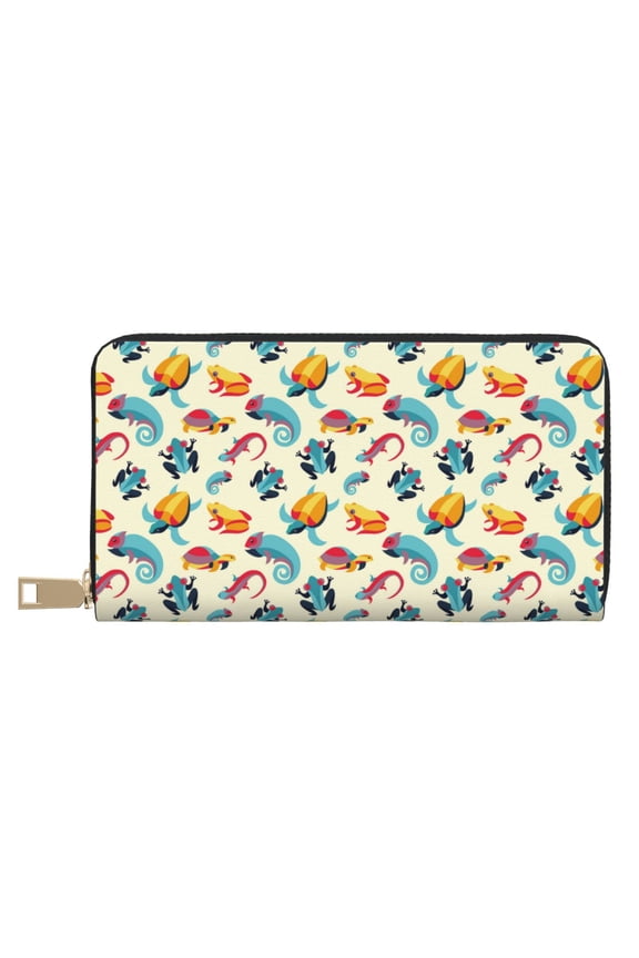 Leather Thin Slim Wallets for Women Men - Colorful Lizard Frog Turtle Clutch Card Wallet for Women Men with Zipper