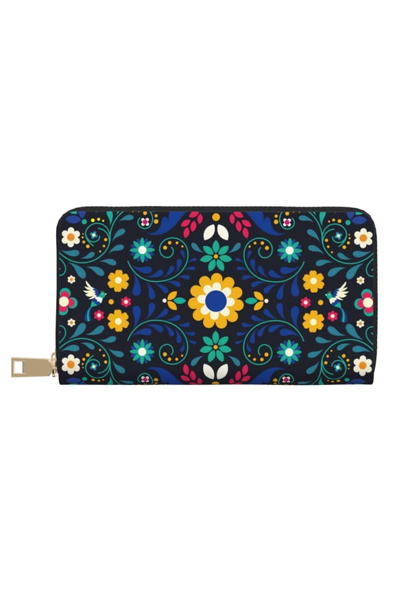Leather Thin Slim Wallets for Women Men - Colorful Mexican Flower Clutch Card Wallet for Women Men with Zipper