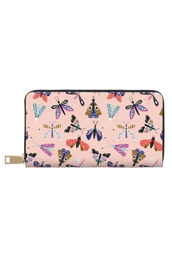 Leather Thin Slim Wallets for Women Men - Colorful Moth Clutch Card Wallet for Women Men with Zipper