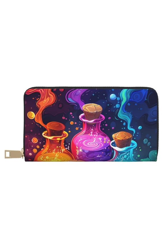 Leather Thin Slim Wallets for Women Men - Colorful Potion Bottles Magic Clutch Card Wallet for Women Men with Zipper
