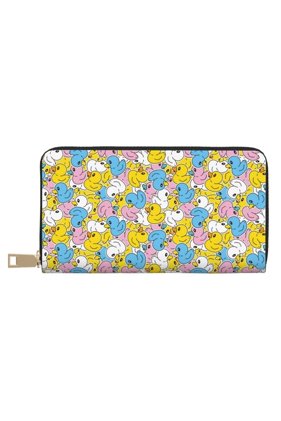 Leather Thin Slim Wallets for Women Men - Colorful Rubber Duck 1 Clutch Card Wallet for Women Men with Zipper
