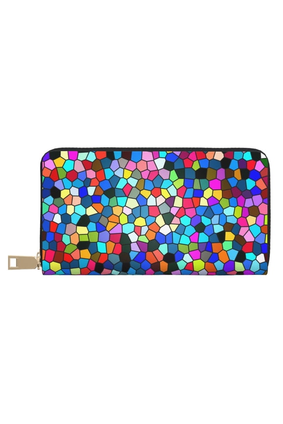 Leather Thin Slim Wallets for Women Men - Colorful Tie Dye Stained Glass k Clutch Card Wallet for Women Men with Zipper