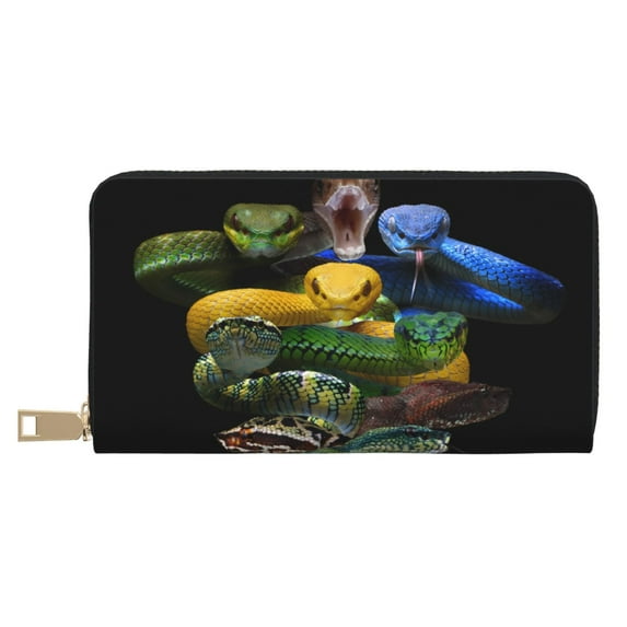 Leather Thin Slim Wallets for Women Men - Colorful Viper Snake Clutch Card Wallet for Women Men with Zipper