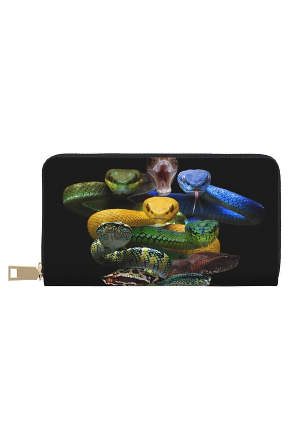 Leather Thin Slim Wallets for Women Men - Colorful Viper Snake Clutch Card Wallet for Women Men with Zipper