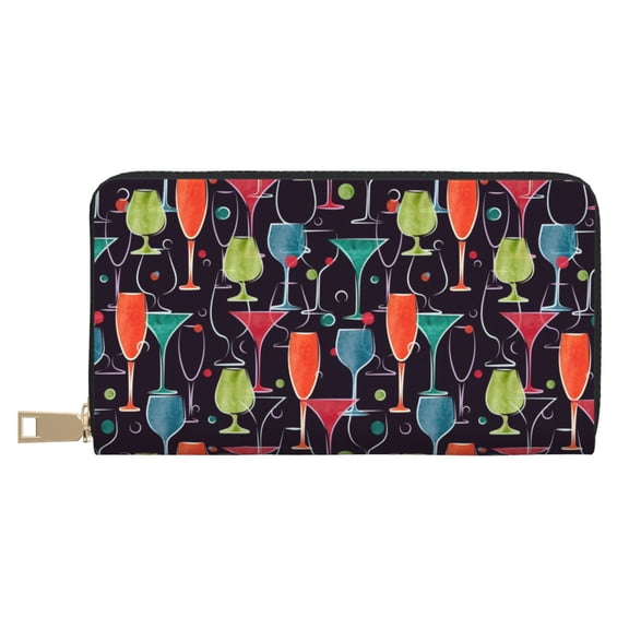 Leather Thin Slim Wallets for Women Men - Colorful Wine Glass Print Clutch Card Wallet for Women Men with Zipper