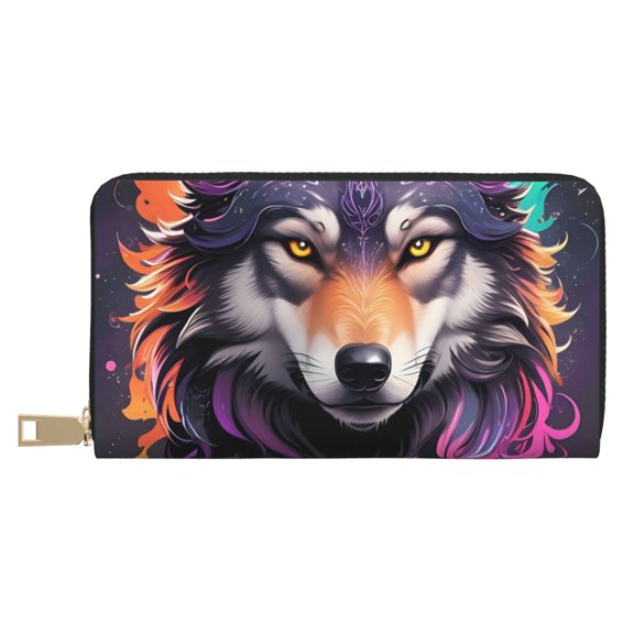 Leather Thin Slim Wallets for Women Men - Colorful Wolf Head A Clutch Card Wallet for Women Men with Zipper