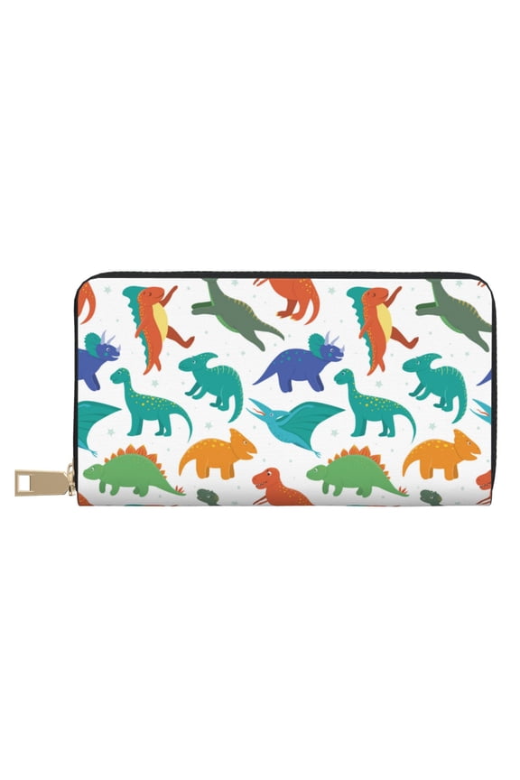 Leather Thin Slim Wallets for Women Men - Colorful dinosaur print Clutch Card Wallet for Women Men with Zipper