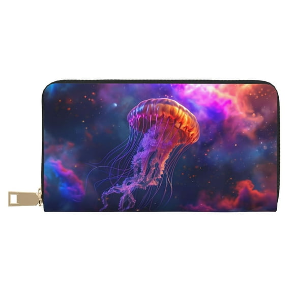 Leather Thin Slim Wallets for Women Men - Colorful sky Floating Jellyfish A Clutch Card Wallet for Women Men with Zipper