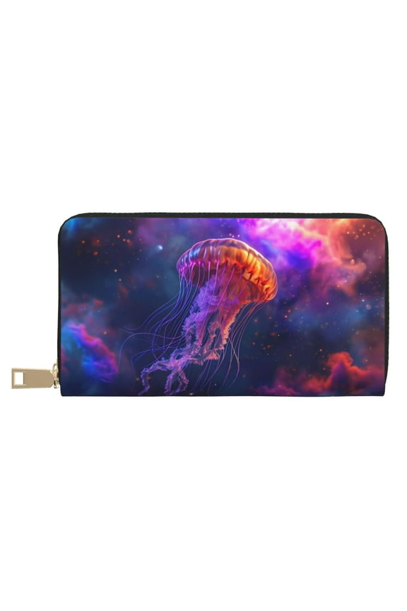 Leather Thin Slim Wallets for Women Men - Colorful sky Floating Jellyfish A Clutch Card Wallet for Women Men with Zipper
