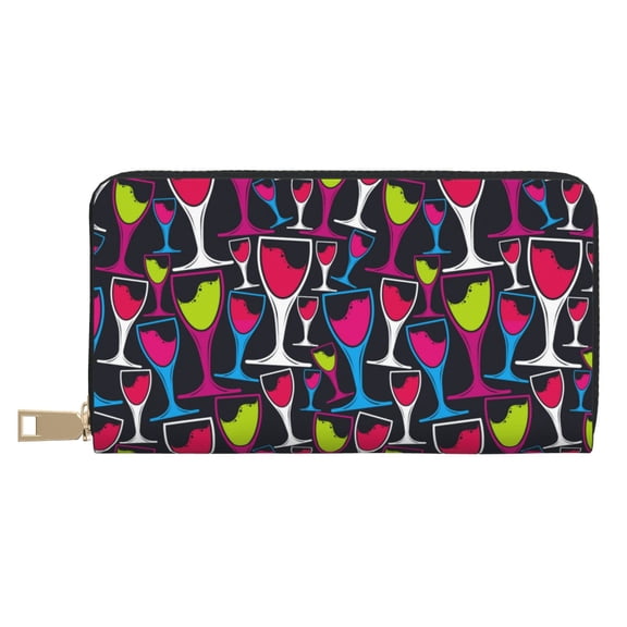 Leather Thin Slim Wallets for Women Men - Colourful Wine Glass Print Clutch Card Wallet for Women Men with Zipper