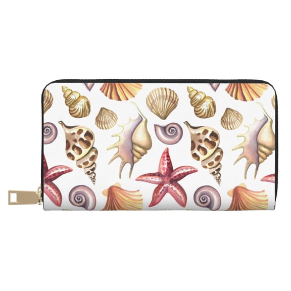 Leather Thin Slim Wallets for Women Men - Conch Shell No.J921 Clutch Card Wallet for Women Men with Zipper