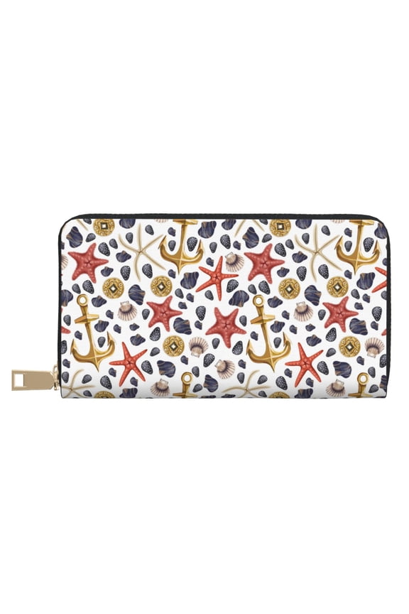 Leather Thin Slim Wallets for Women Men - Conch Shells Print No.9048 Clutch Card Wallet for Women Men with Zipper