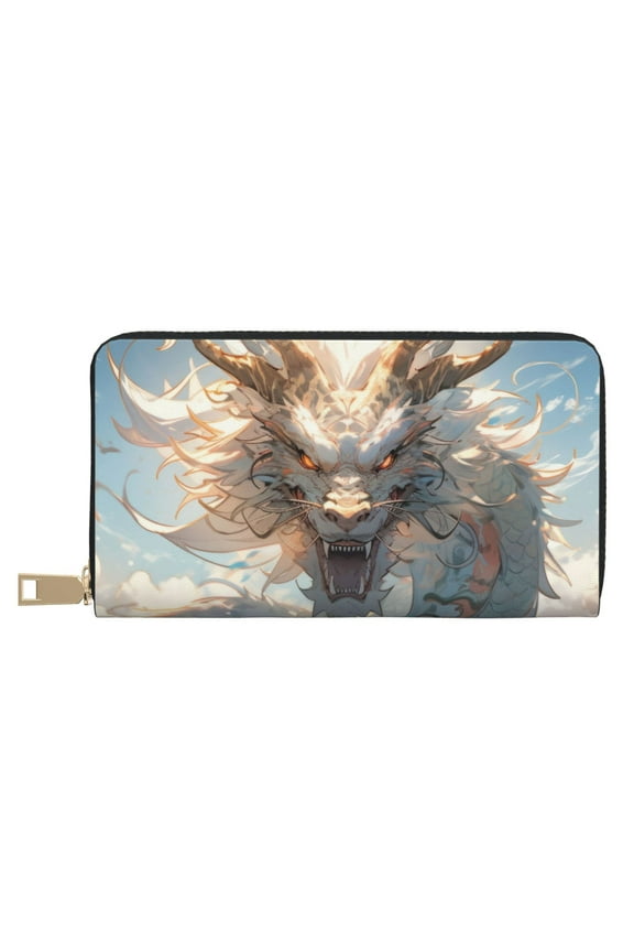 Leather Thin Slim Wallets for Women Men - Cool Cloud White Dragon Clutch Card Wallet for Women Men with Zipper