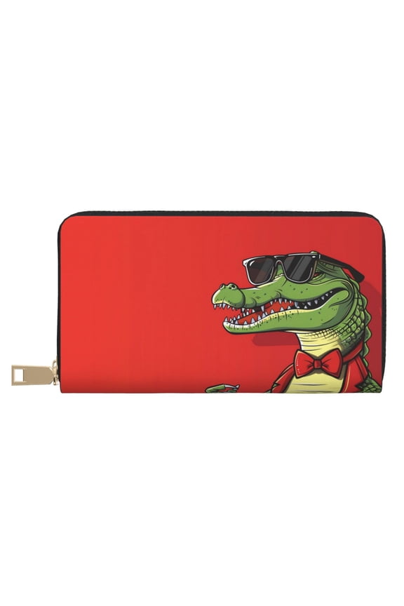 Leather Thin Slim Wallets for Women Men - Cool Crocodile With Sunglasses Clutch Card Wallet for Women Men with Zipper