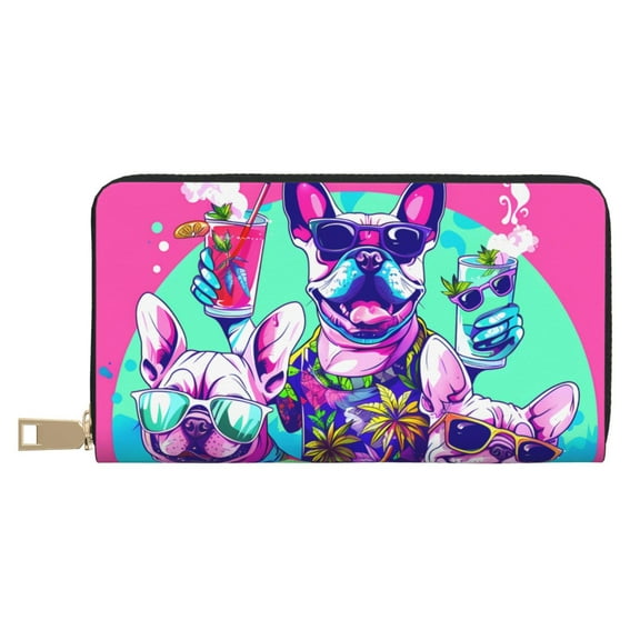 Leather Thin Slim Wallets for Women Men - Cool French Bulldog No.137 Clutch Card Wallet for Women Men with Zipper