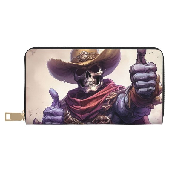 Leather Thin Slim Wallets for Women Men - Cool Skull Cowboy Clutch Card Wallet for Women Men with Zipper