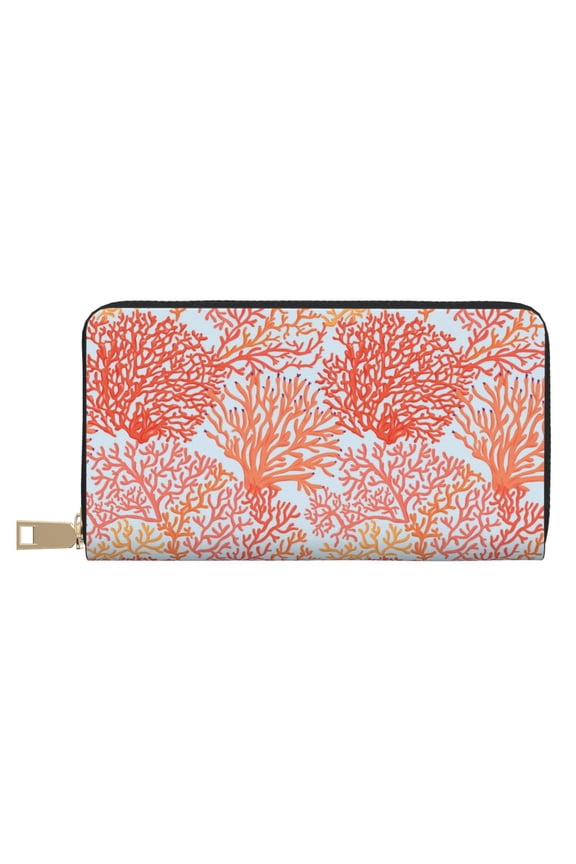 Leather Thin Slim Wallets for Women Men - Corals Clutch Card Wallet for Women Men with Zipper