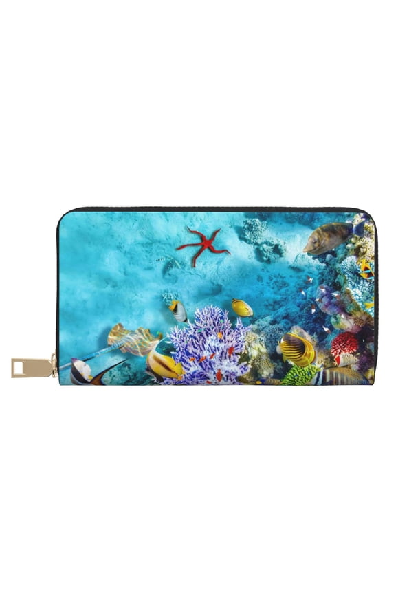 Leather Thin Slim Wallets for Women Men - Corals and Tropical Fish Clutch Card Wallet for Women Men with Zipper