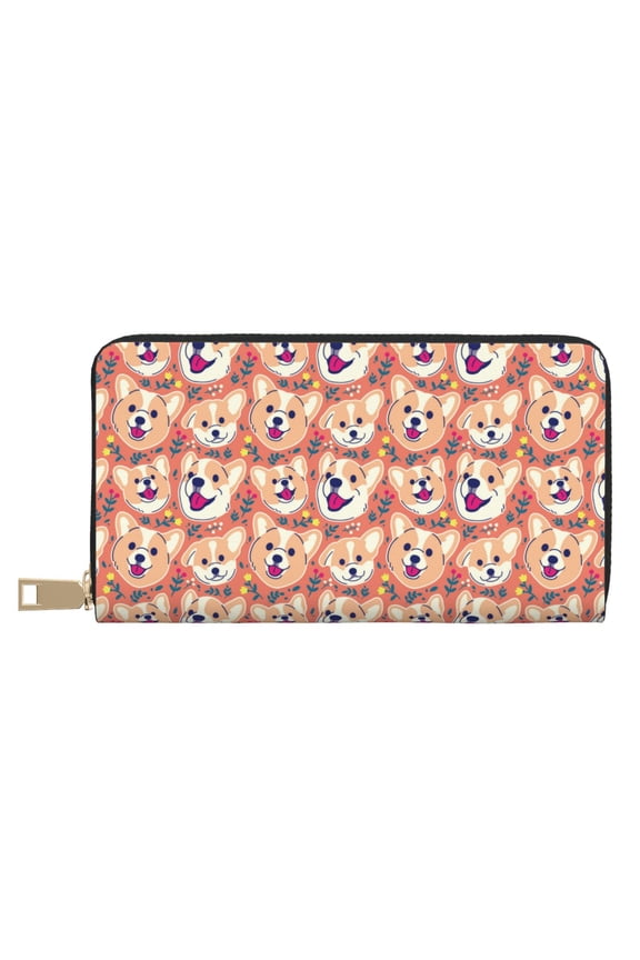Leather Thin Slim Wallets for Women Men - Corgi Head with Floal Clutch Card Wallet for Women Men with Zipper