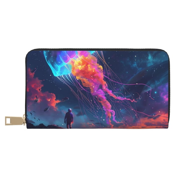 Leather Thin Slim Wallets for Women Men - Cosmic Jellyfish Encounter Clutch Card Wallet for Women Men with Zipper