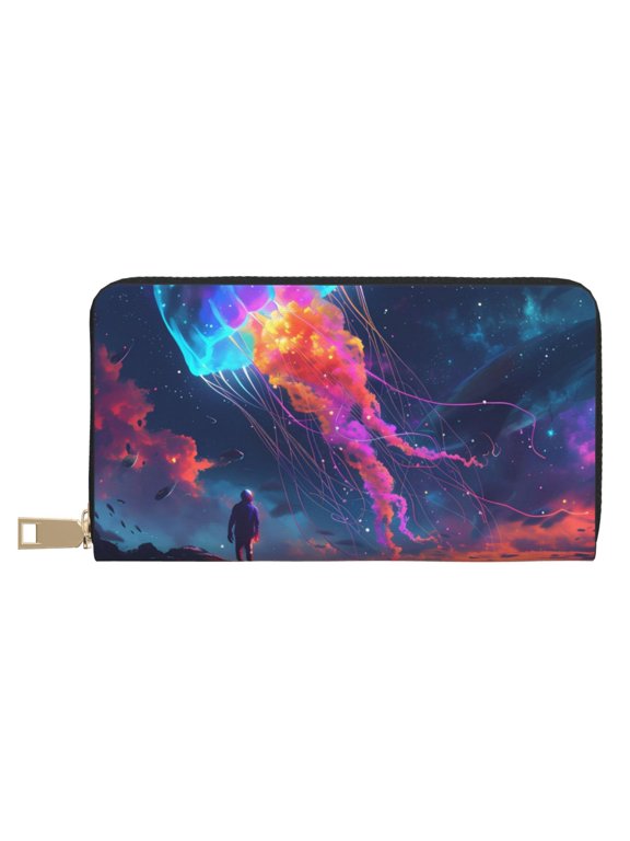 Leather Thin Slim Wallets for Women Men - Cosmic Jellyfish Encounter Clutch Card Wallet for Women Men with Zipper
