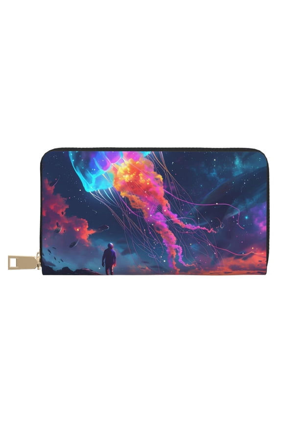 Leather Thin Slim Wallets for Women Men - Cosmic Jellyfish Encounter Clutch Card Wallet for Women Men with Zipper