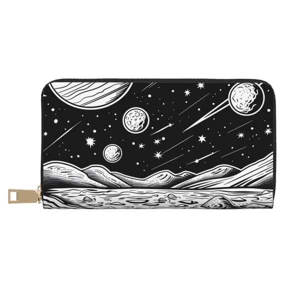 Leather Thin Slim Wallets for Women Men - Cosmic Landscape Celestial Art Clutch Card Wallet for Women Men with Zipper
