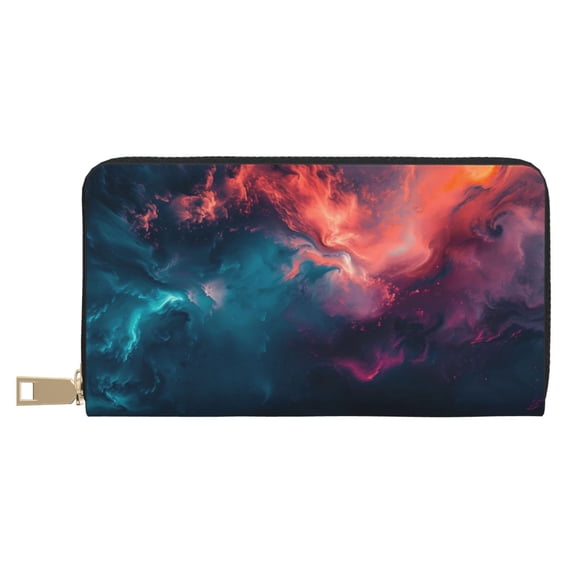 Leather Thin Slim Wallets for Women Men - Cosmic Paint Swirl Clutch Card Wallet for Women Men with Zipper