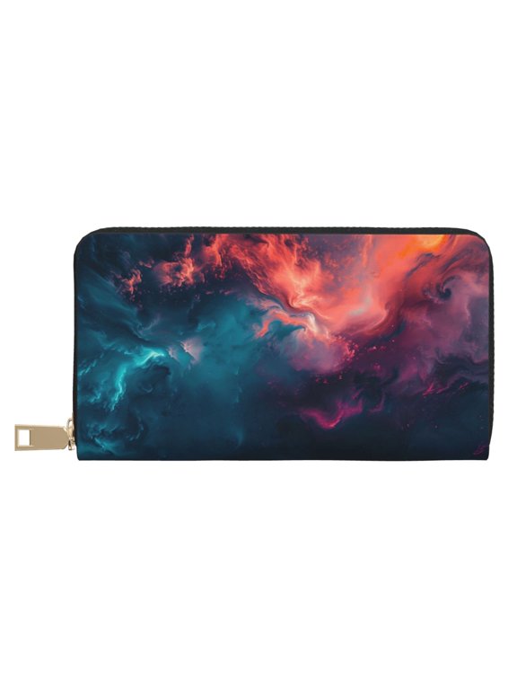 Leather Thin Slim Wallets for Women Men - Cosmic Paint Swirl Clutch Card Wallet for Women Men with Zipper